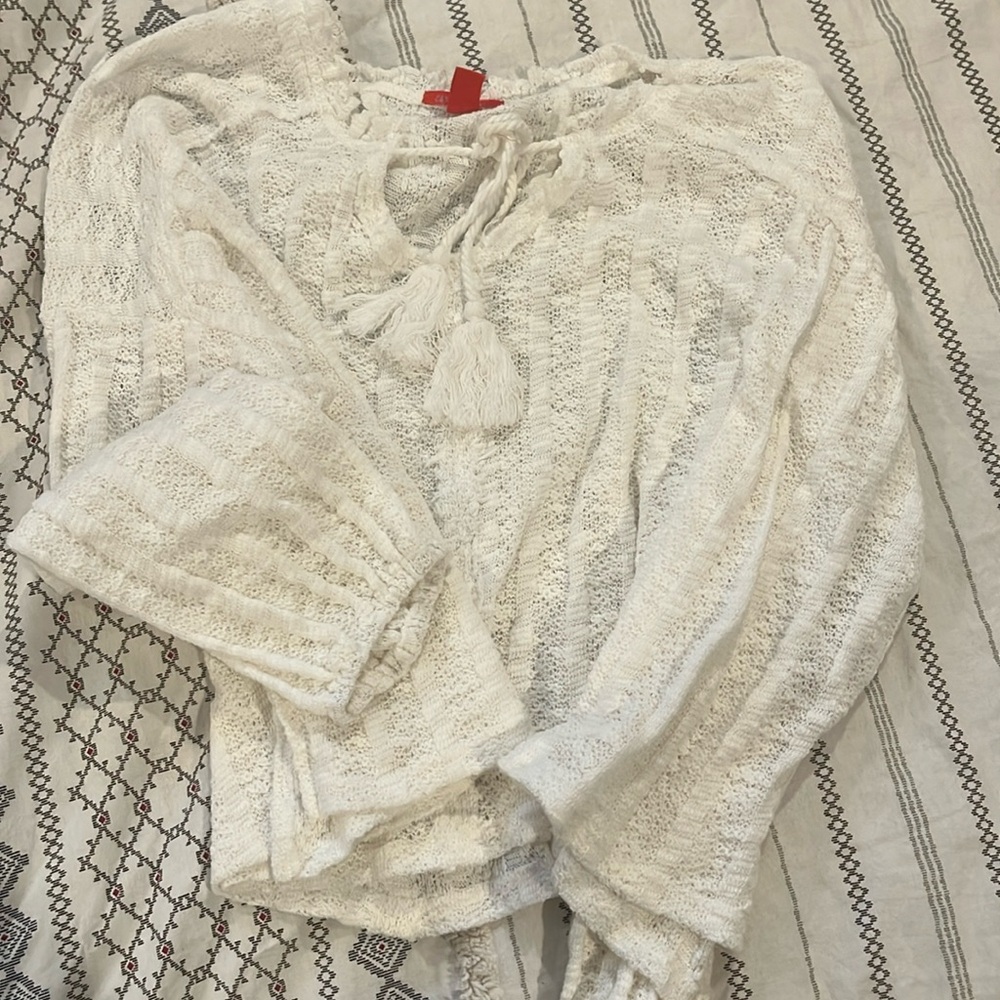 Anthropologie Chelsea & Violet Sweater Women's XL White Boho Chic Raw Edge Knit